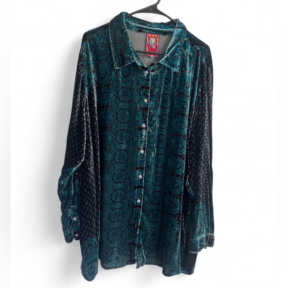 Johnny Was Turquoise Patterned Velvet Shirt